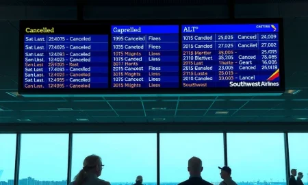 Frustrated passengers at a St. Louis airport terminal due to widespread Southwest Airlines cancellations.