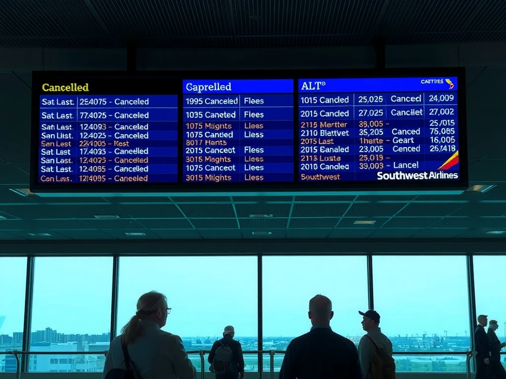 Frustrated passengers at a St. Louis airport terminal due to widespread Southwest Airlines cancellations.