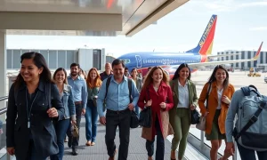 A diverse group of passengers smiling as they board a Southwest Airlines plane, highlighting an improved Southwest Airlines passenger experience.