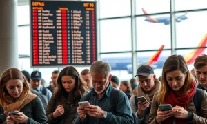 Travelers in an airport reacting to a Southwest Airlines policy change, highlighting the impact on customer experience.