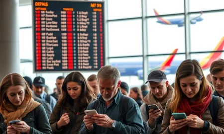 Travelers in an airport reacting to a Southwest Airlines policy change, highlighting the impact on customer experience.