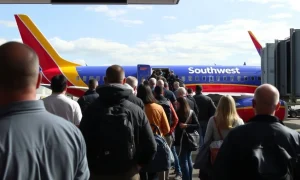 Passengers line up to board a Southwest Airlines plane, illustrating the end of the popular Southwest boarding hack.