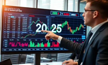 Financial analyst predicting S&P 500 2025 market trends with charts and data visualization