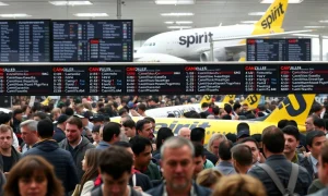 Travelers face significant delays and frustration due to widespread Spirit Airlines cancellations at a busy airport terminal.