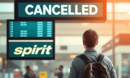A passenger looks at a canceled Spirit Airlines flight on a departure board, illustrating the widespread Spirit Airlines cancellations impacting travelers.