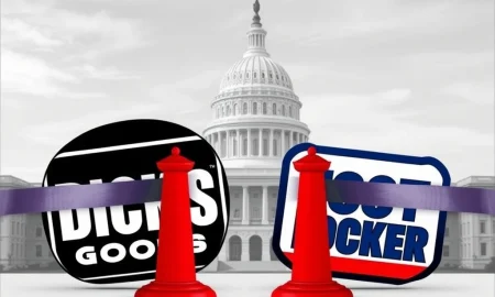 Illustrates the complex political and regulatory challenges hindering a major **sports retail merger** in the US market.