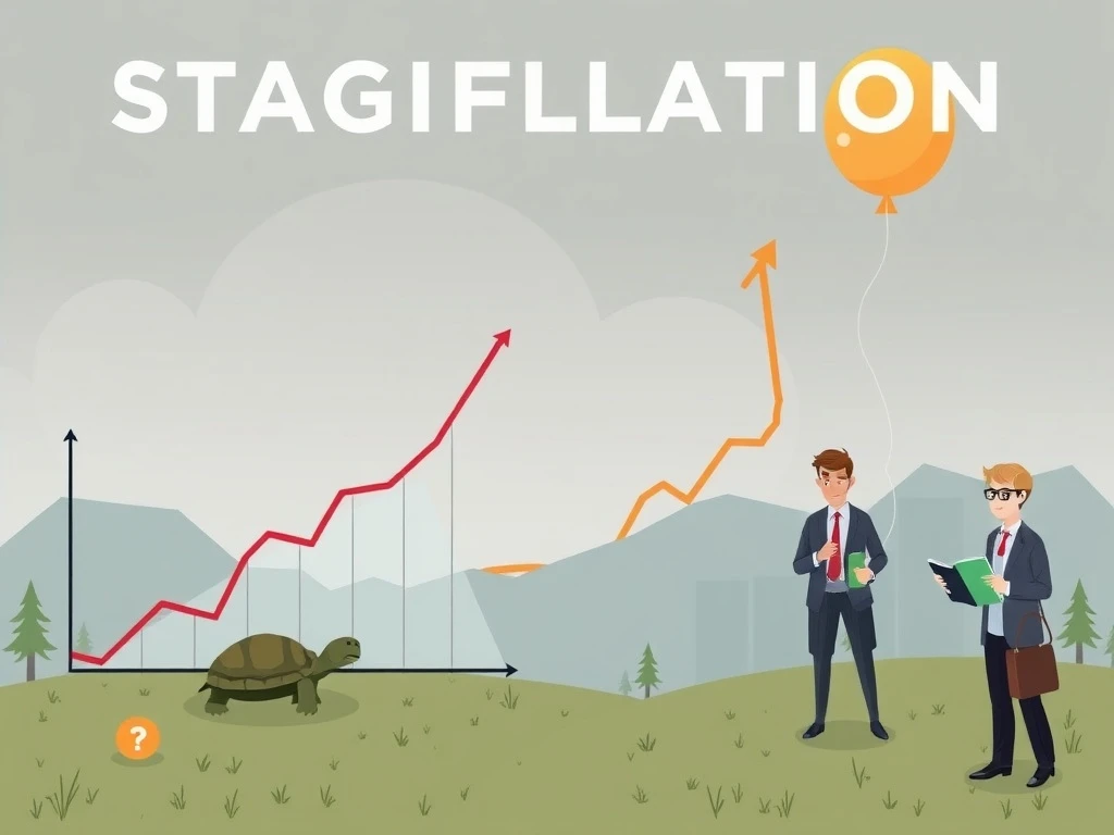 Graph illustrating the **stagflation** threat with slow economic growth and rising inflation, advising investors on market preparation.
