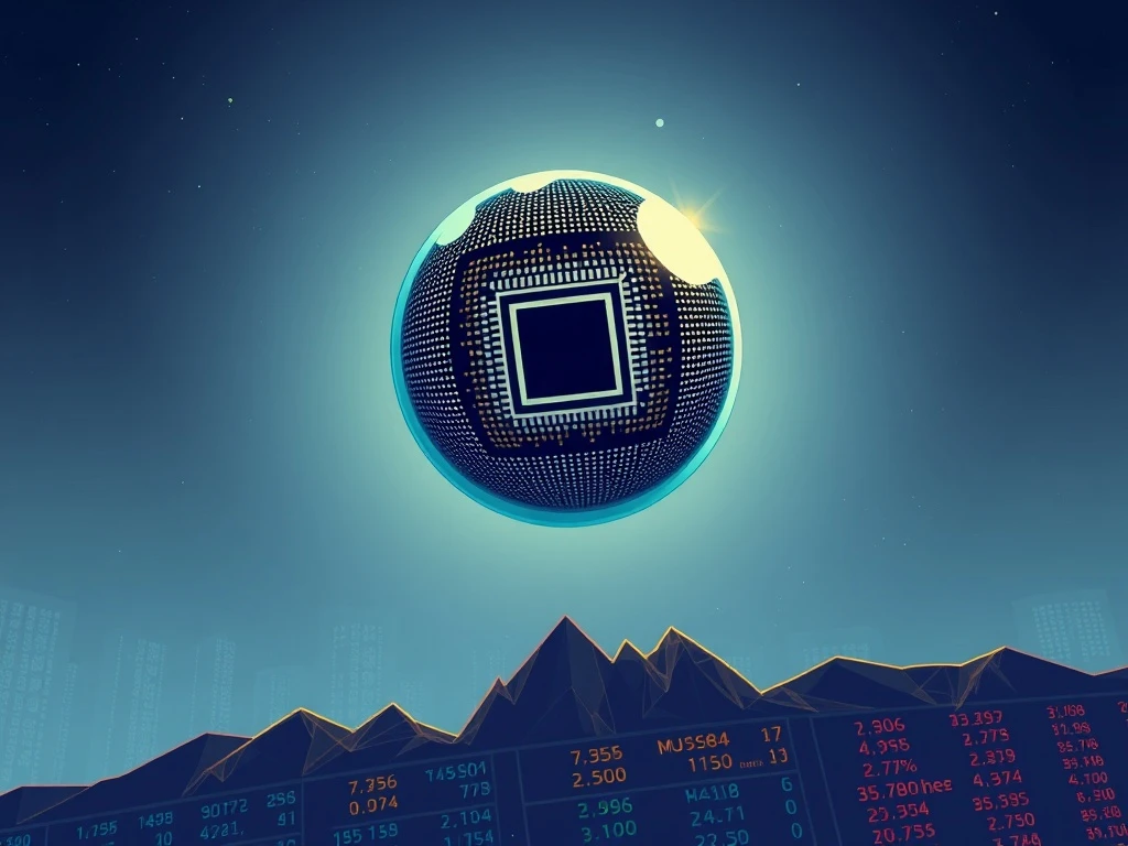 A fragile stock market bubble floating above a volatile market, illustrating the dot-com parallel and potential risks.