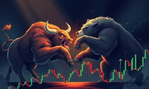 Bull and bear fighting for stock market control over financial charts