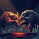 Bull and bear fighting for stock market control over financial charts