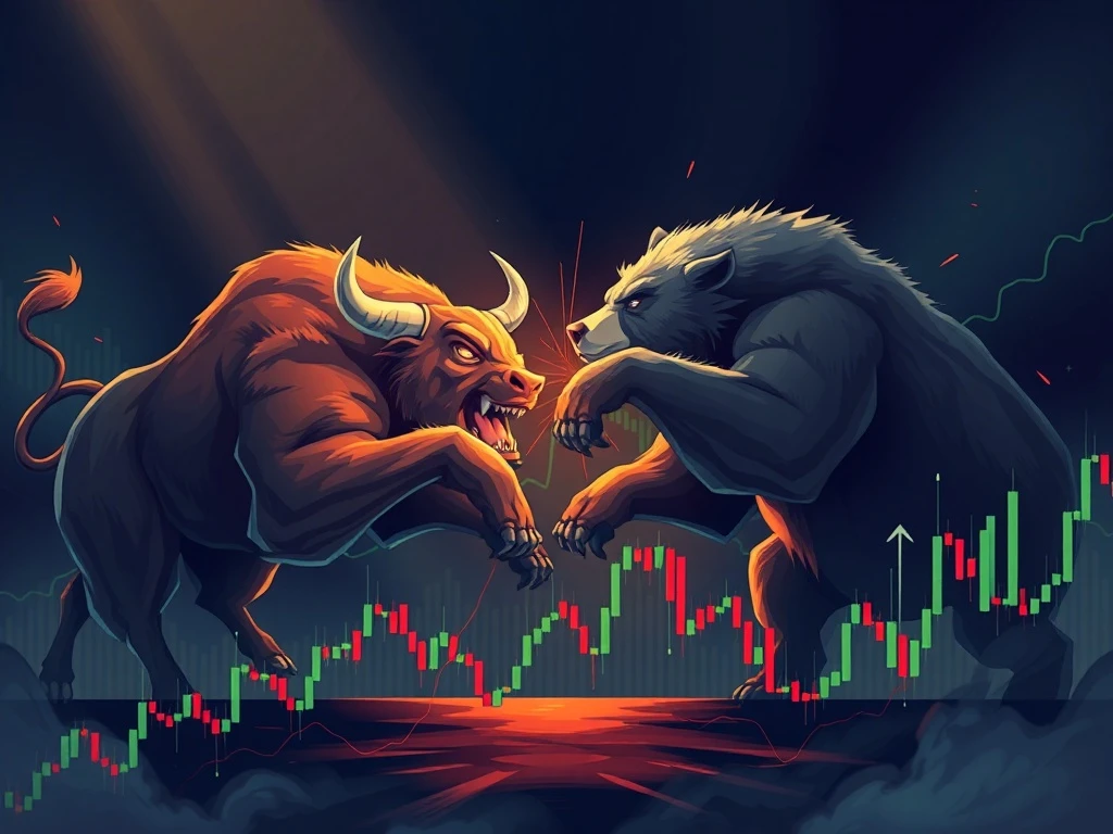 Bull and bear fighting for stock market control over financial charts