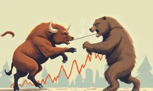 Bull and bear fighting for stock market control in dramatic financial tug-of-war