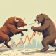 Bull and bear fighting for stock market control in dramatic financial tug-of-war