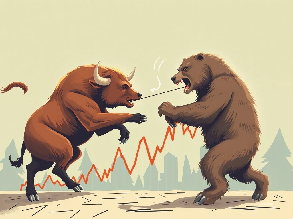 Bull and bear fighting for stock market control in dramatic financial tug-of-war
