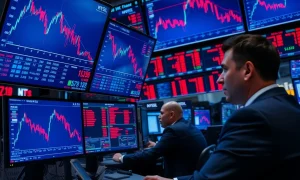 Stock market decline showing downward trending charts and concerned investors analyzing Federal Reserve impacts