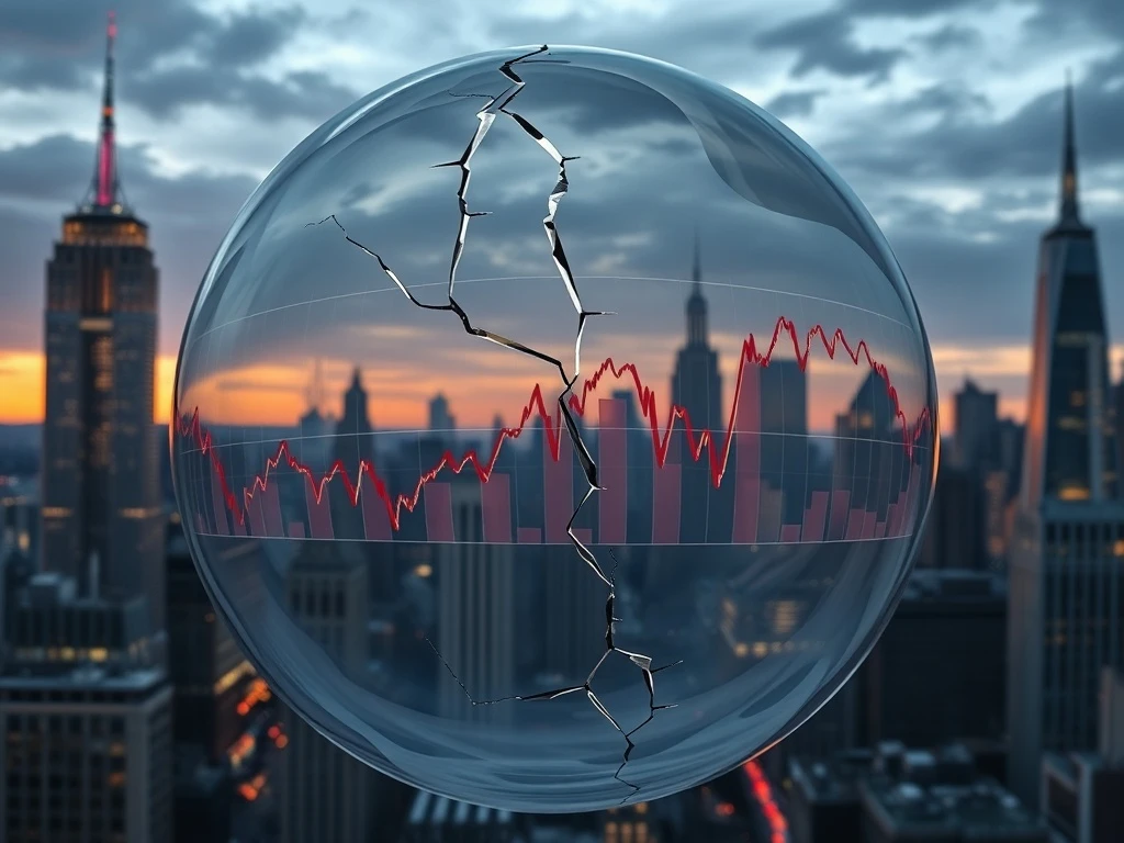 A fragile bubble representing the Stock Market with dot-com era graphs, conveying investor unease and potential market correction.