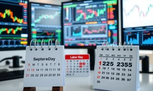Stock market trading desk showing Labor Day 2025 closure with calendar and financial charts