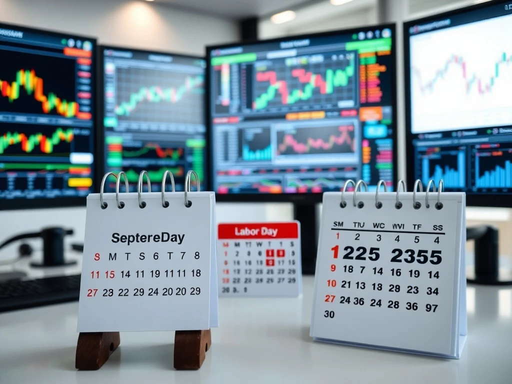 Stock market trading desk showing Labor Day 2025 closure with calendar and financial charts