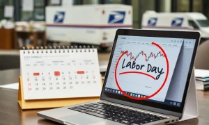 Stock market trading screen showing Labor Day closure with mail delivery information