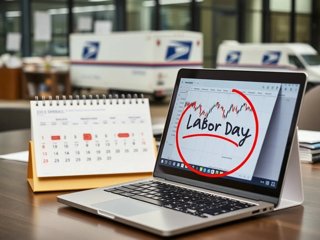 Stock market trading screen showing Labor Day closure with mail delivery information