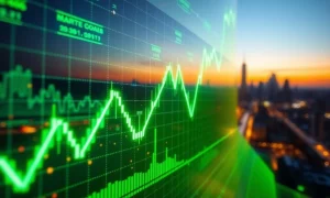 A vibrant green arrow on a digital stock chart, symbolizing the strong upward trend of the stock market today fueled by positive economic reports.