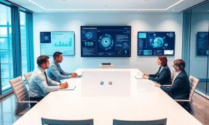 Corporate executives implementing successful AI strategy with data visualization and planning documents