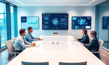 Corporate executives implementing successful AI strategy with data visualization and planning documents