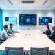 Corporate executives implementing successful AI strategy with data visualization and planning documents