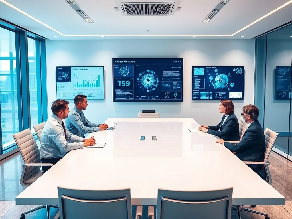 Corporate executives implementing successful AI strategy with data visualization and planning documents