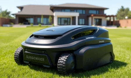 A Sunseeker X7 Plus robotic mower autonomously cutting a lush green lawn, demonstrating advanced high-performance robotic mowing.