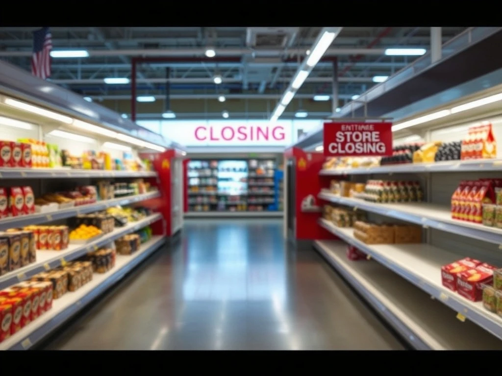A 'Store Closing' sign visible within a supermarket, symbolizing the broader trend of supermarket closures and the challenges faced by large retail chains.