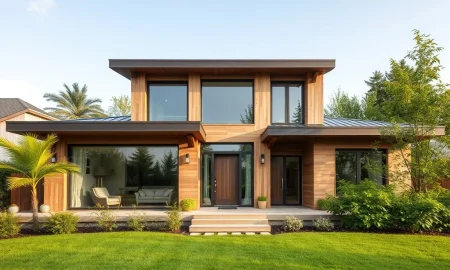 A modern home built with sustainable building materials, emphasizing energy efficiency and eco-friendly design.