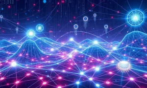 Decentralized AI network infrastructure with blockchain nodes and artificial intelligence integration