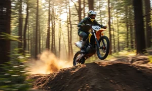 Talaria Sting R MX4 electric dirt bike performing an off-road jump on mountain trail