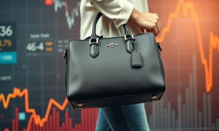 Depiction of Coach's popularity among younger consumers contrasted with a declining Tapestry stock chart, illustrating the market's perplexing reaction.