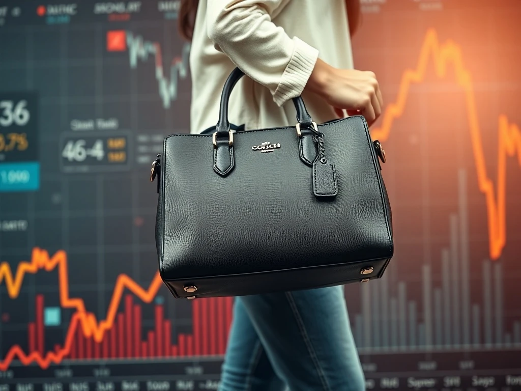 Depiction of Coach's popularity among younger consumers contrasted with a declining Tapestry stock chart, illustrating the market's perplexing reaction.
