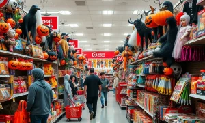 Target Halloween deals display showcasing affordable costumes and decorations, inviting shoppers to celebrate the season on a budget.