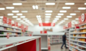 An overhead view of a Target store aisle showing strategic Target store changes, indicating a shift in merchandise layout and inventory.