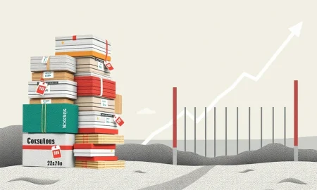 A visual metaphor illustrating the pressure of tariff inflation on consumer prices, with rising costs and economic indicators pointing upwards.