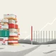 A visual metaphor illustrating the pressure of tariff inflation on consumer prices, with rising costs and economic indicators pointing upwards.