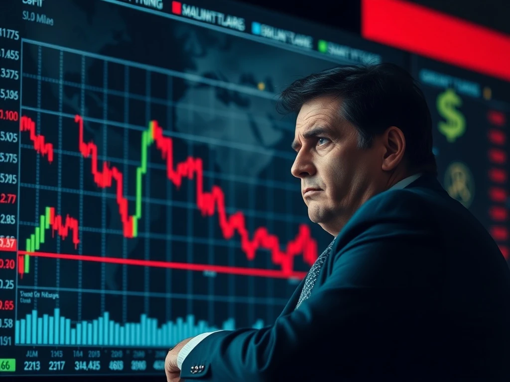 An investor facing a downturned stock chart, symbolizing the negative **tariffs impact** on market performance and investment portfolios.