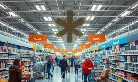 A supermarket aisle with shoppers, illustrating the tangible Tariffs Impact on everyday consumer goods and purchasing power.
