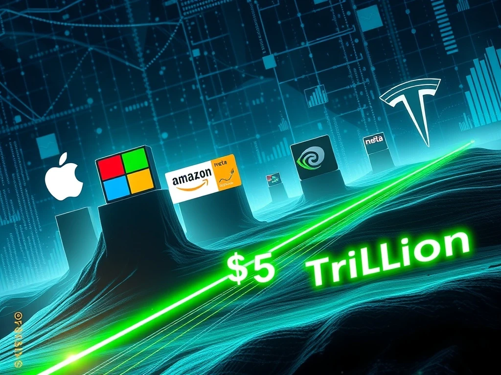 Visualizing the intense race among leading tech stock giants to achieve a $5 trillion valuation, with prominent company logos soaring upwards.