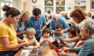 Tech XTP community volunteers providing technology education and support to diverse beneficiaries in a community center setting