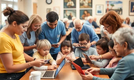 Tech XTP community volunteers providing technology education and support to diverse beneficiaries in a community center setting