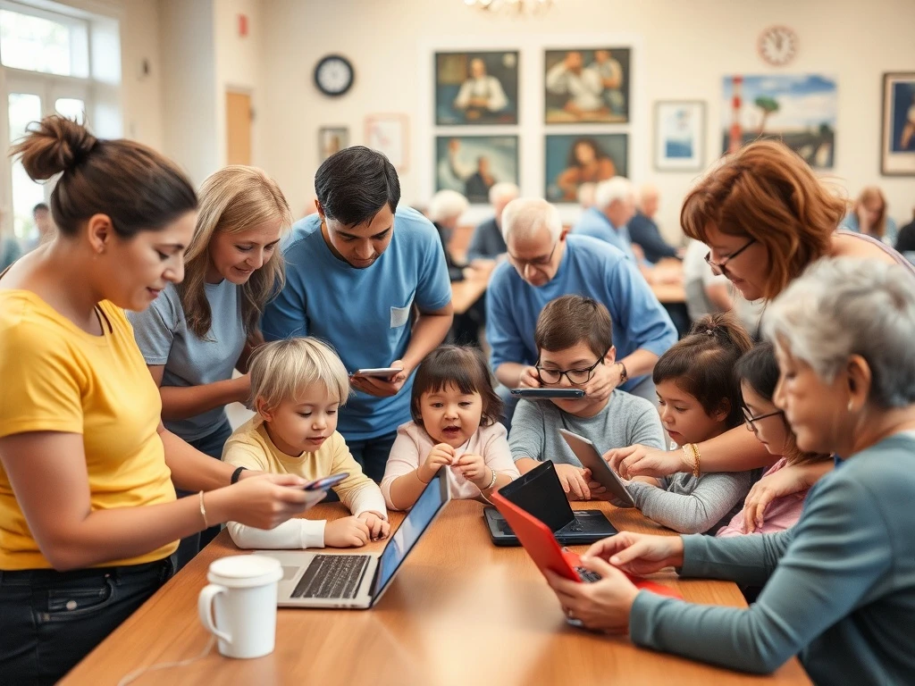 Tech XTP community volunteers providing technology education and support to diverse beneficiaries in a community center setting