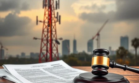 Illustrates the significant impact of a telecom bankruptcy on a large telecommunications firm, showing legal documents and network infrastructure.