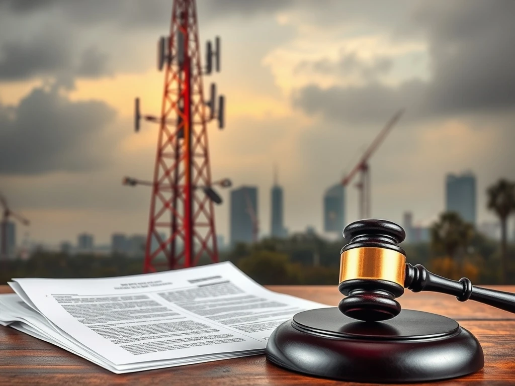 Illustrates the significant impact of a telecom bankruptcy on a large telecommunications firm, showing legal documents and network infrastructure.