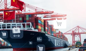 Temu shipping containers arriving at US port during tariff negotiations