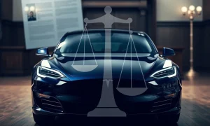 A visual representation of the legal challenges surrounding the Tesla Autopilot lawsuit, depicting a car and court symbols.
